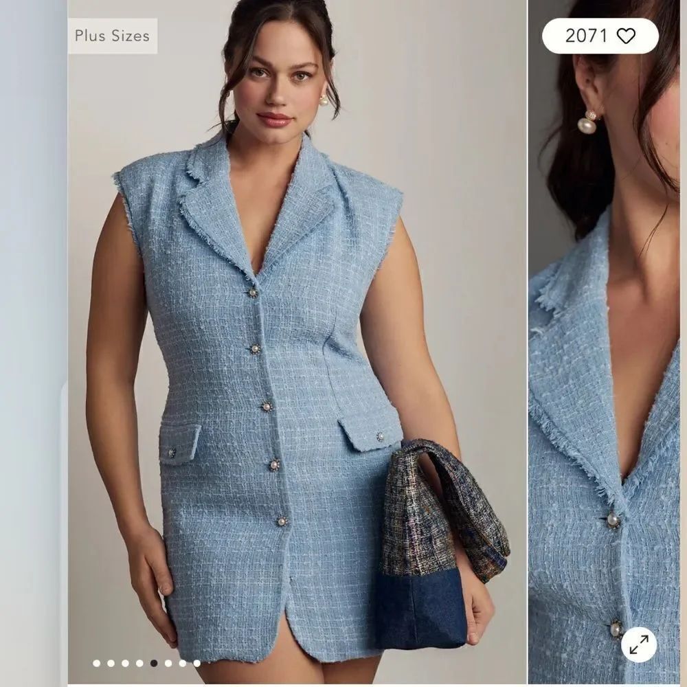 Anthropologie Maeve Sleeveless Tweed Blazer Mini Dress NEW Plus Size 18W in Blue